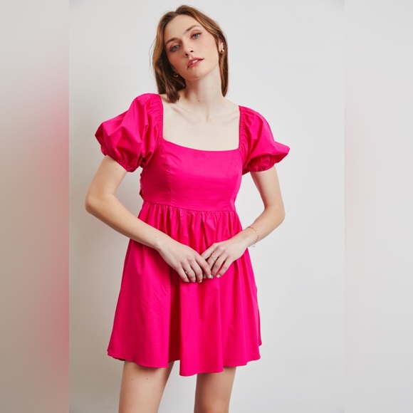 Puff Sleeve Baby Doll Dress with Bow Back and Pockets - Picture 7 of 7